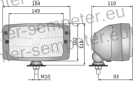 ŽAROMET SPREDNJI PRAVOKOTEN Z OHIŠJEM s pozicijo H4 in T4W 184x102x110 ZETOR